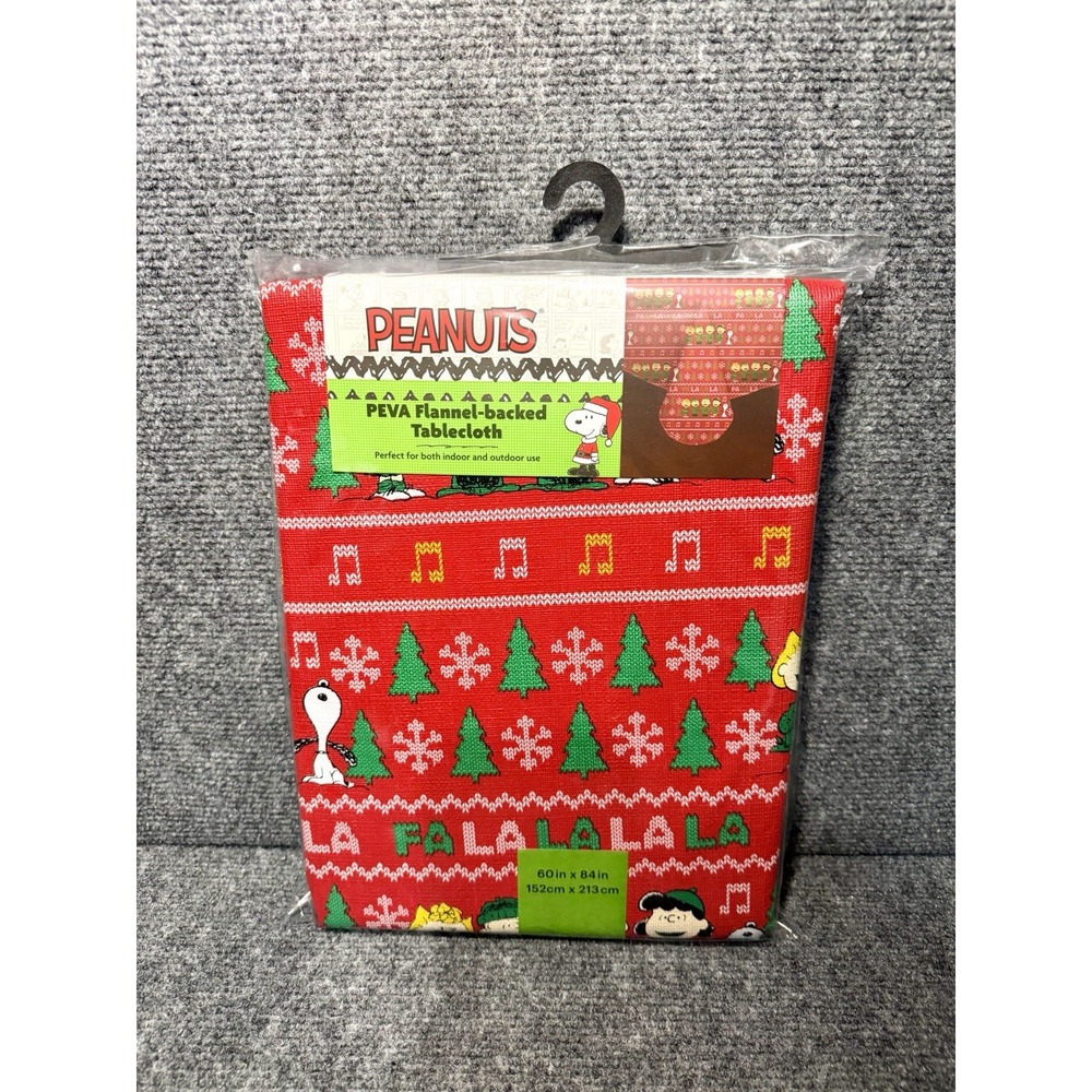 Peanuts Snoopy Woodstock Christmas Tablecloth PEVA Flannel Back 60x84 Red NEW